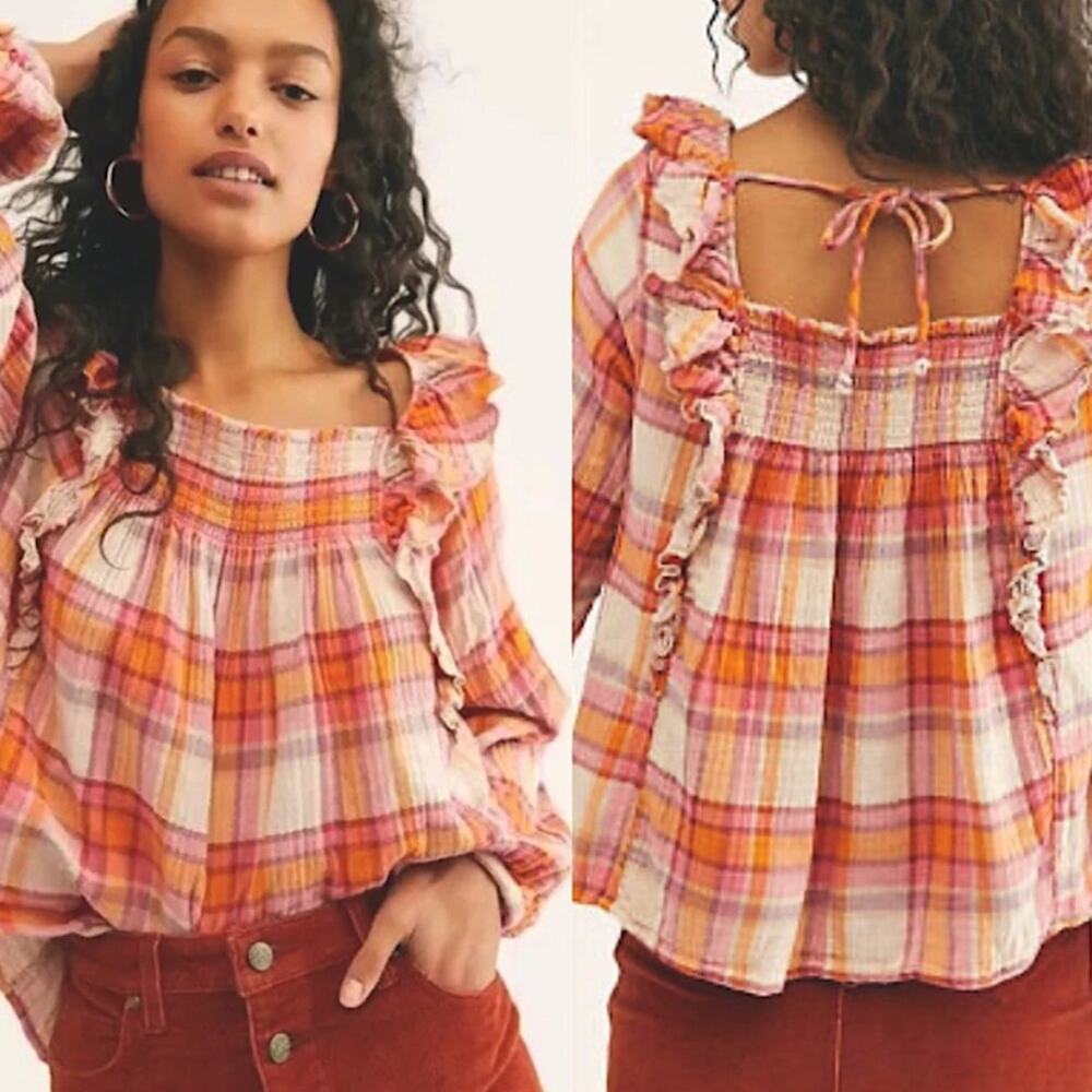 Free People Sienna Plaid Ruffle Top Boho Peasant Blouse